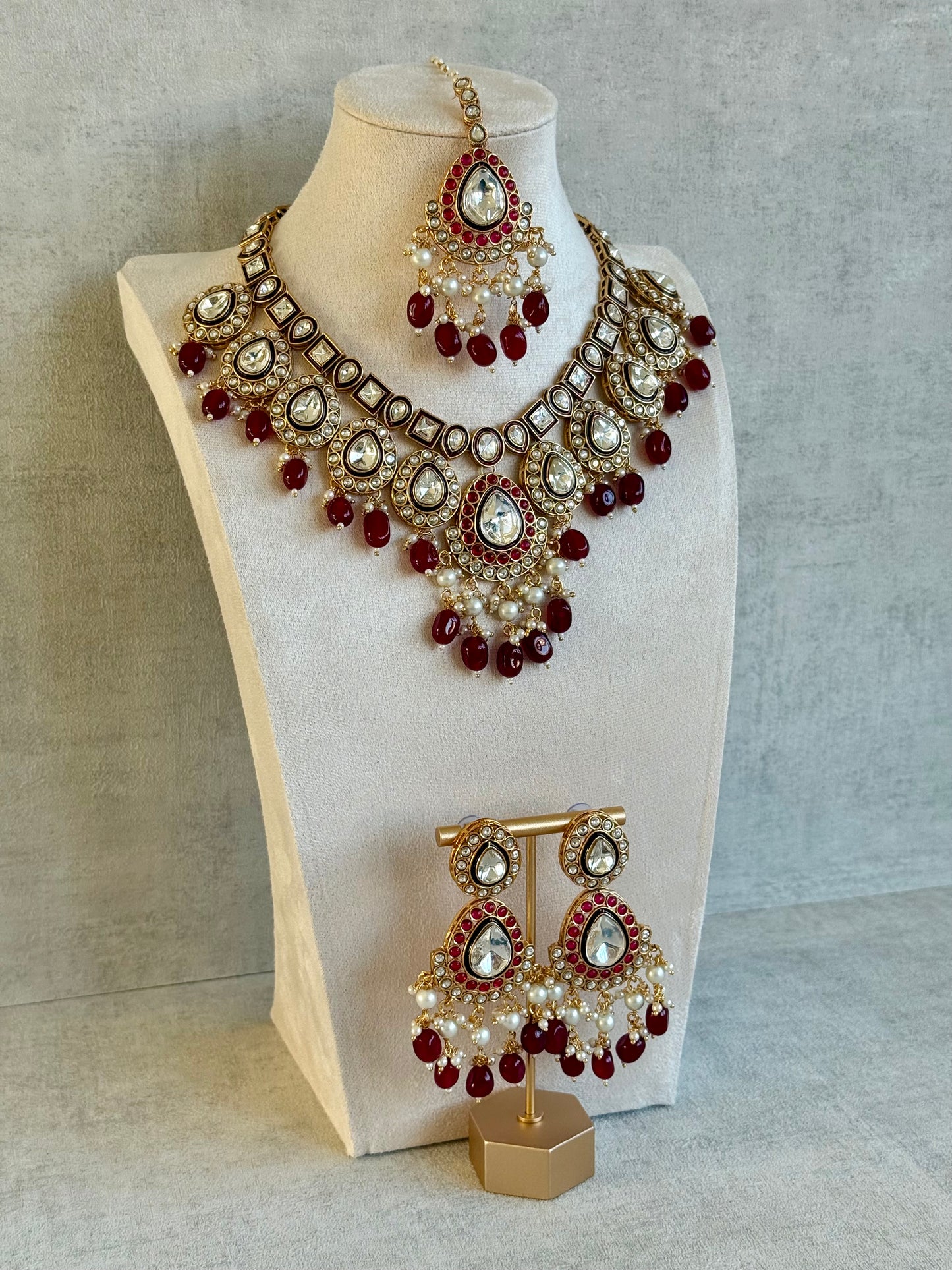 Ayura Designs Ishyat Set with Necklace, Earrings & Tikka – Kundan Detailing, Ruby Red Drops & Ivory Pearls