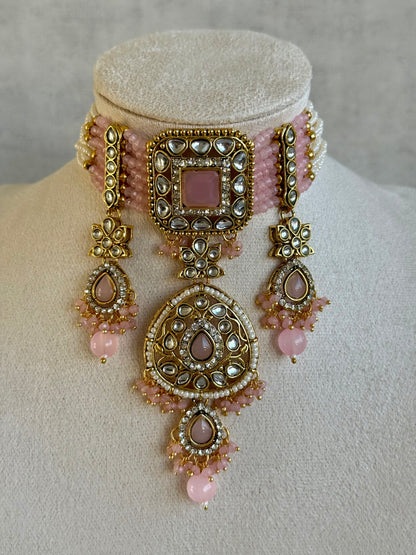 Ayura Designs Zarmeen Choker Set with Earrings & Tikka – Mirror-Cut Stones, Antique Gold Finish and Blush Pink Beads