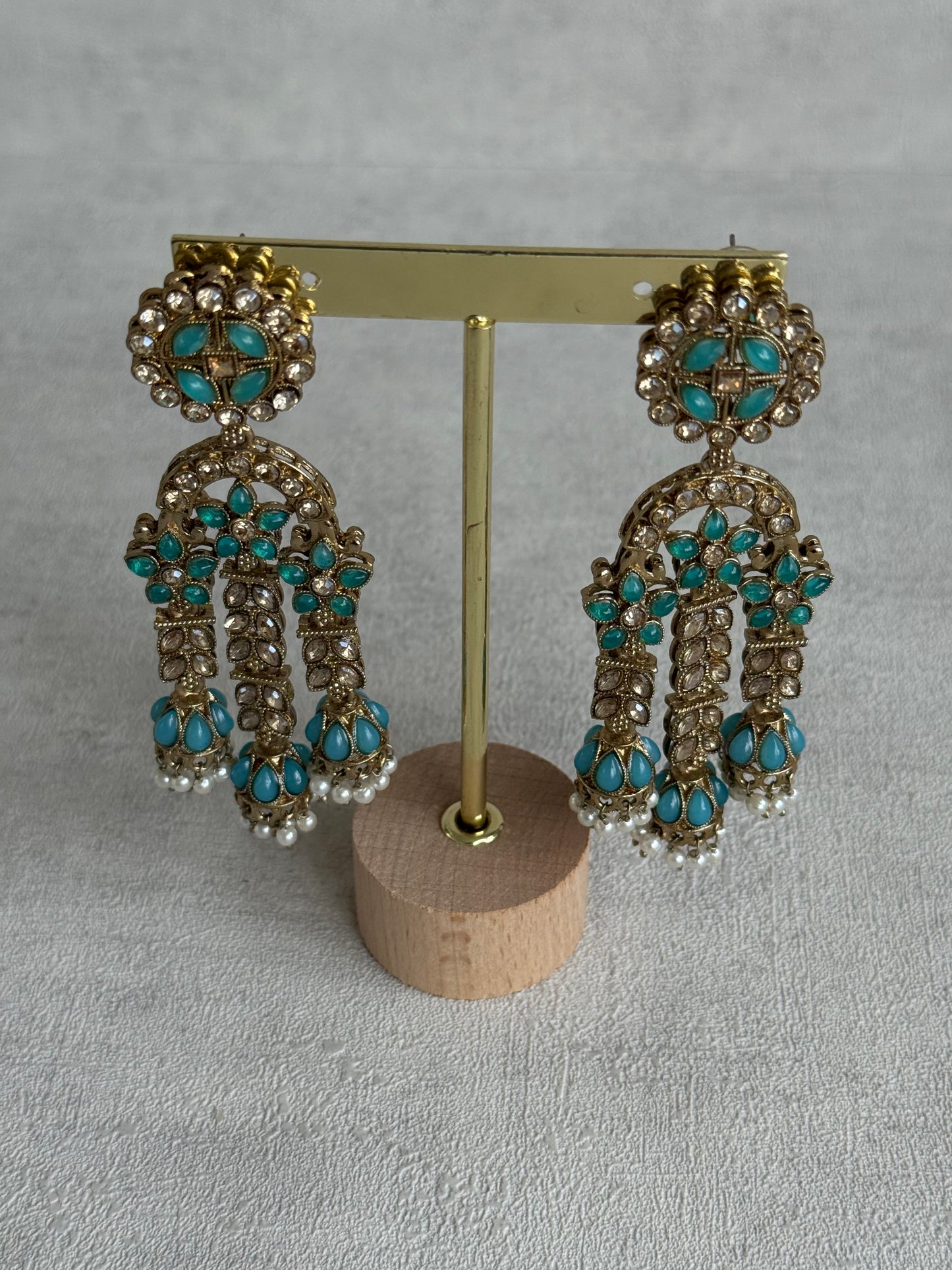 Ayura Designs Soraya Earrings – Turquoise Stones, Champagne Crystals, Pearl Detailing & Gold Finish