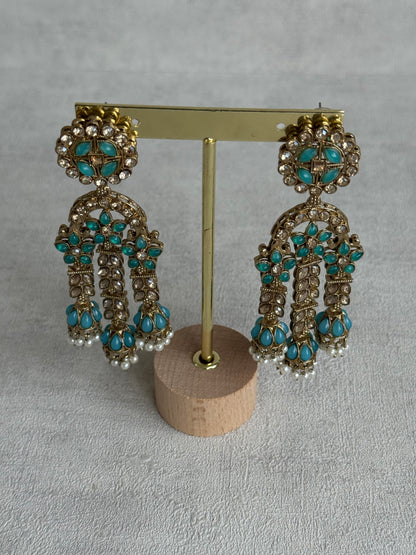 Ayura Designs Soraya Earrings – Turquoise Stones, Champagne Crystals, Pearl Detailing & Gold Finish