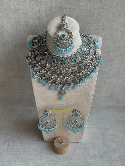 Ayura Designs Eknoor Set – Necklace, Tikka & Earrings with Aqua Blue Beads, Pearls and Silver Finish