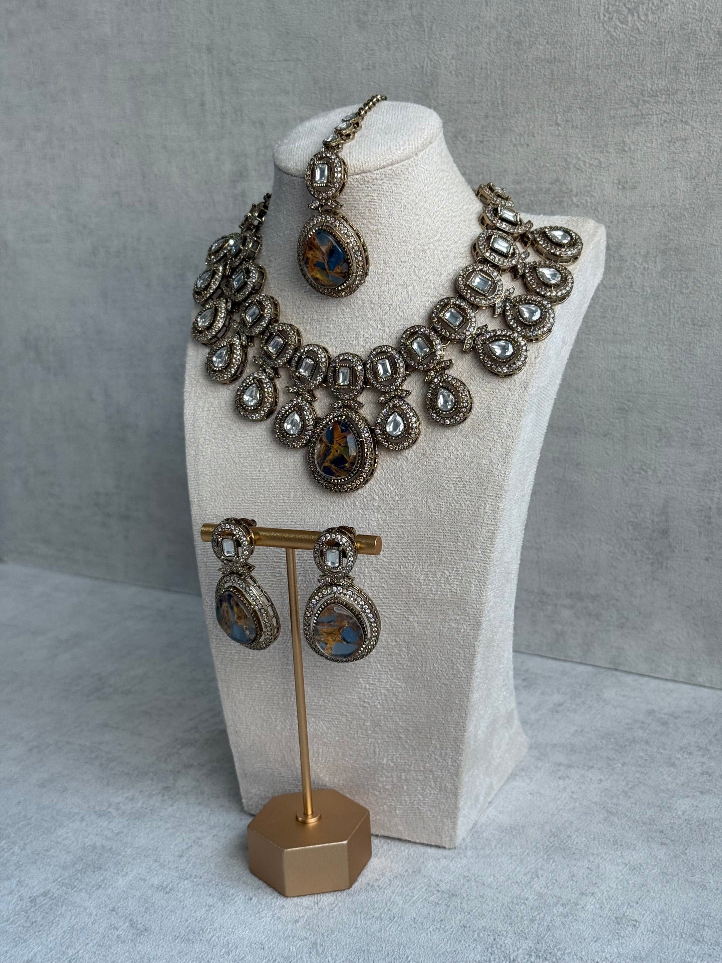 Ayura Designs Aurora Set with Earrings & Tikka – Blue & Bronze Marbled Stone, Mirror-Cut Accents & Antique Gold Finish