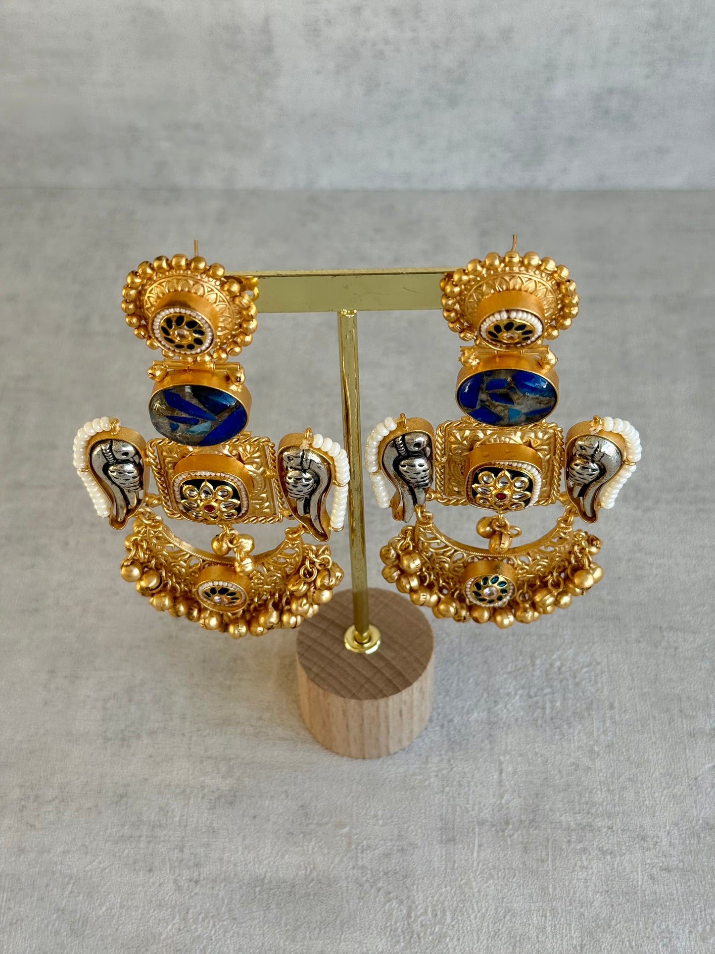 Ayura Designs Soha Earrings – Antique Gold with Midnight Blue Stone & Oxidised Parrots