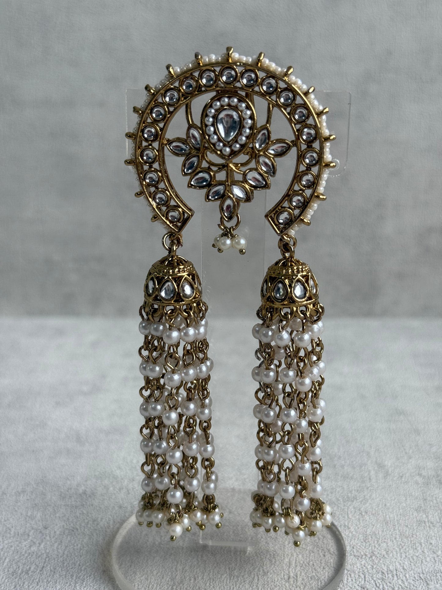 Ayura Designs Kamya Hair Brooch – Crescent Polki Design with Pearl Tassels & Antique Gold Finish