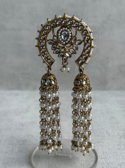 Ayura Designs Kamya Hair Brooch – Crescent Polki Design with Pearl Tassels & Antique Gold Finish