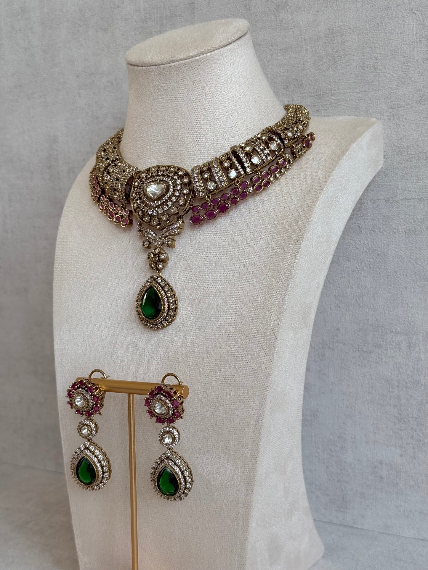 Ayura Designs Ahana Necklace Set with Earrings – Emerald Green Teardrop Stones, Ruby Pink Accents & Moissanite Detailing