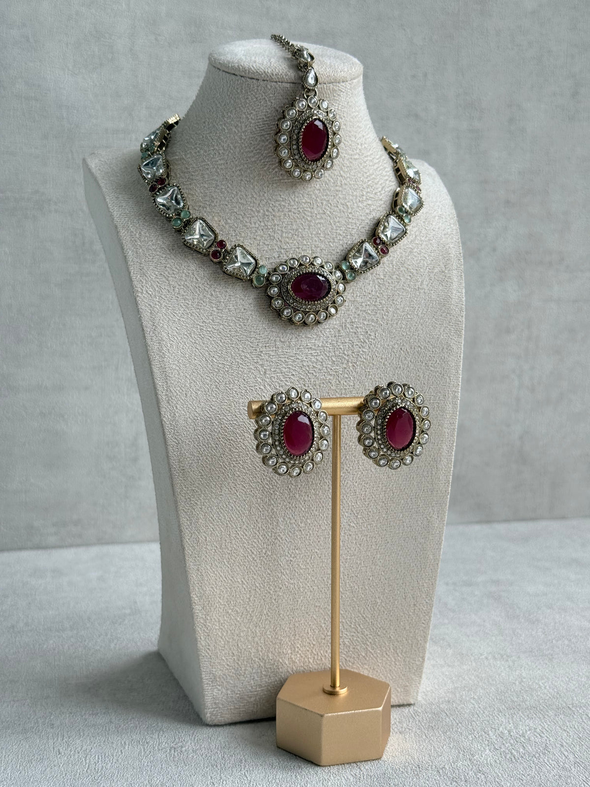 Ayura Designs Inza Necklace Set – Rani Pink & Mint Green Stones, Kundan & Crystals with Antique Gold Finish