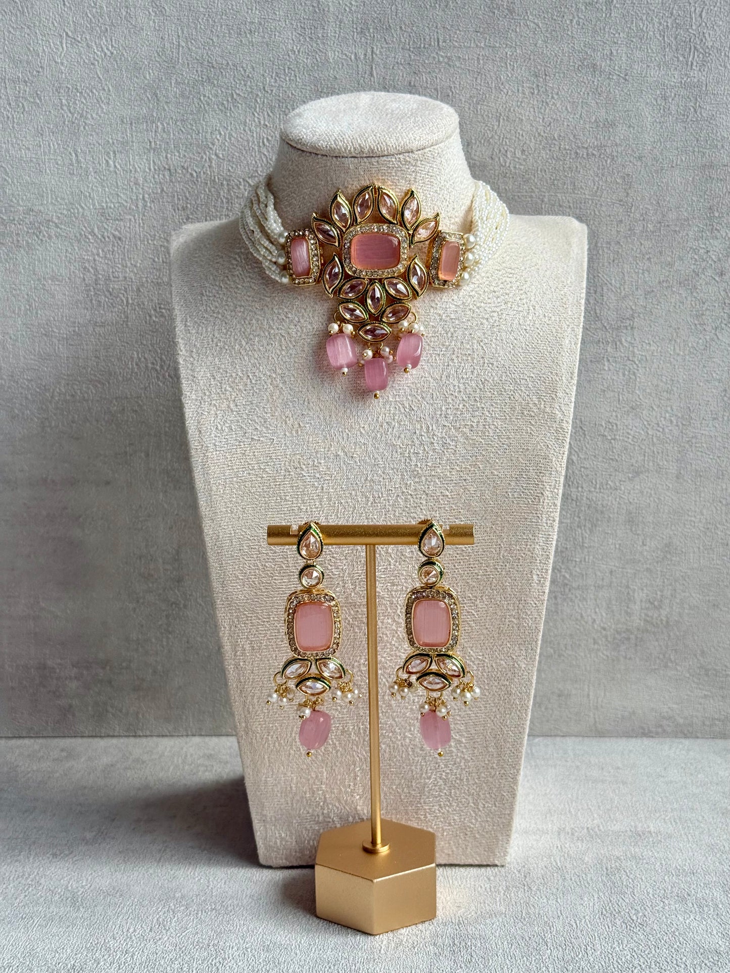 Ayura Designs Raaz Set with Necklace & Earrings – Blush Pink Stones, Kundan Detailing & Antique Gold Finish