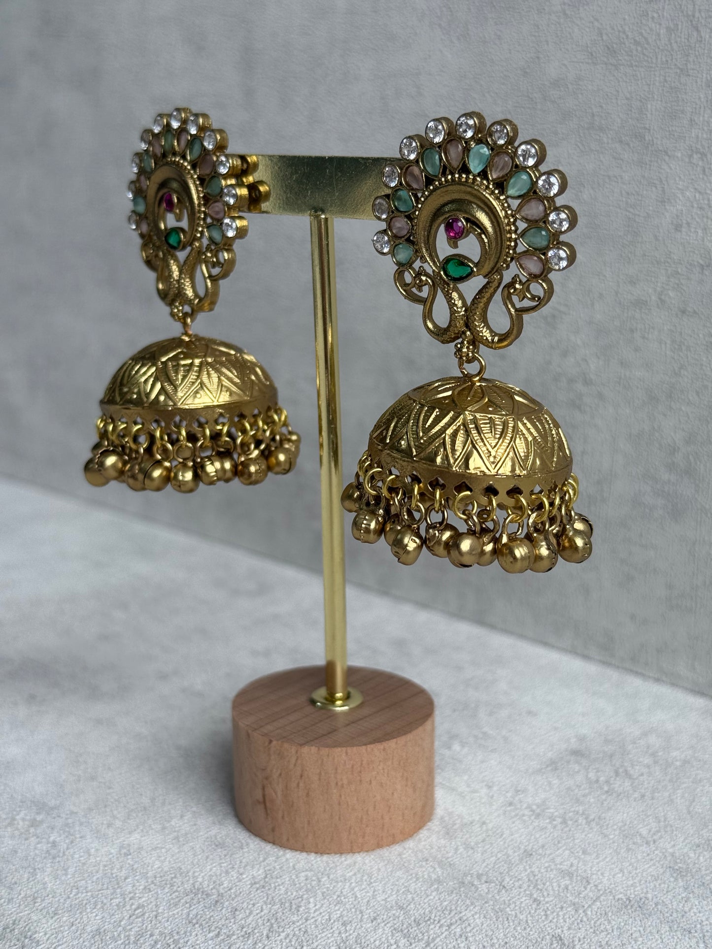 Ayura Designs Moraya Jhumkis – Mint Green & Blush Pink Peacock Motif with Antique Gold Detailing