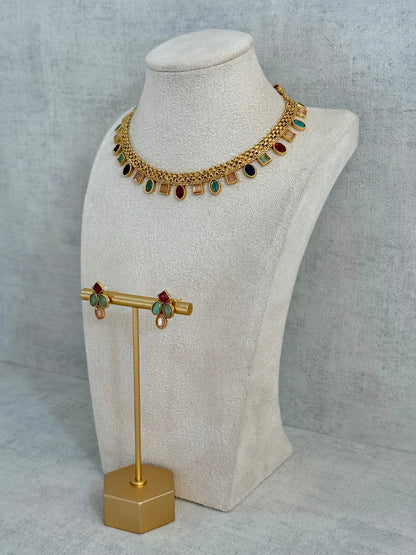 Ayura Designs Bhawani Set with Necklace & Stud Earrings – Multicolour Stone Charms in Antique Gold Finish