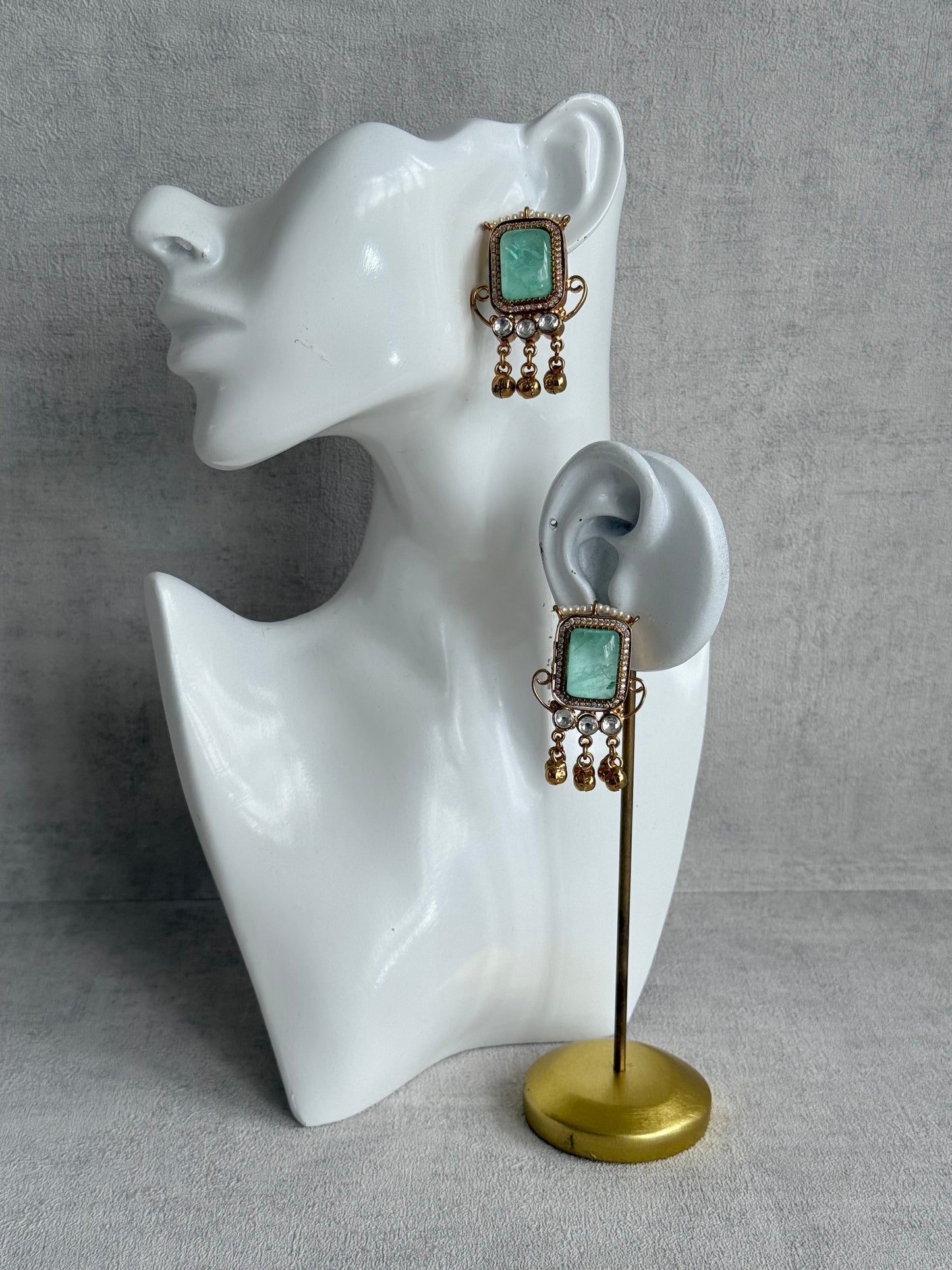Ayura Designs Aleena Earrings – Aqua Jade Stone Stud Earrings with Pearls & Ghungroo Detailing