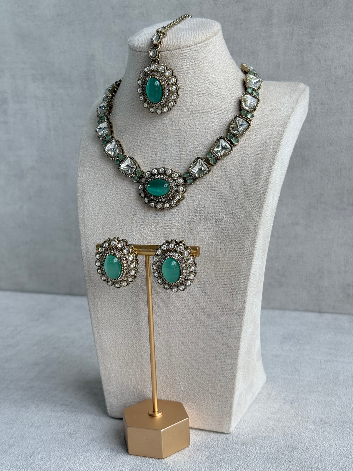 Ayura Designs Inza Necklace Set – Aqua Green Stones, Kundan & Crystals with Antique Gold Finish
