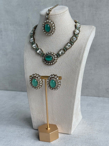 Ayura Designs Inza Necklace Set – Aqua Green Stones, Kundan & Crystals with Antique Gold Finish