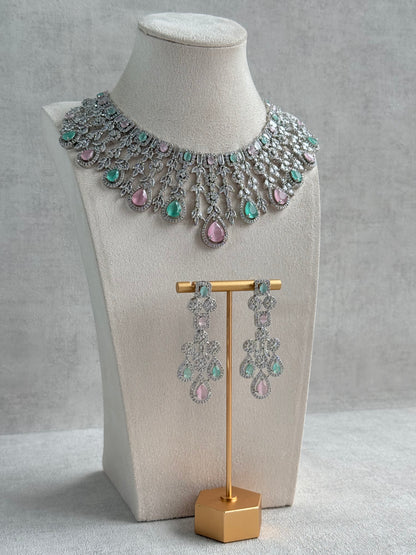 Ayura Designs Skye Necklace Set with Earrings – Blush Pink & Mint Green Stones with Crystal Detailing in Silver Finish