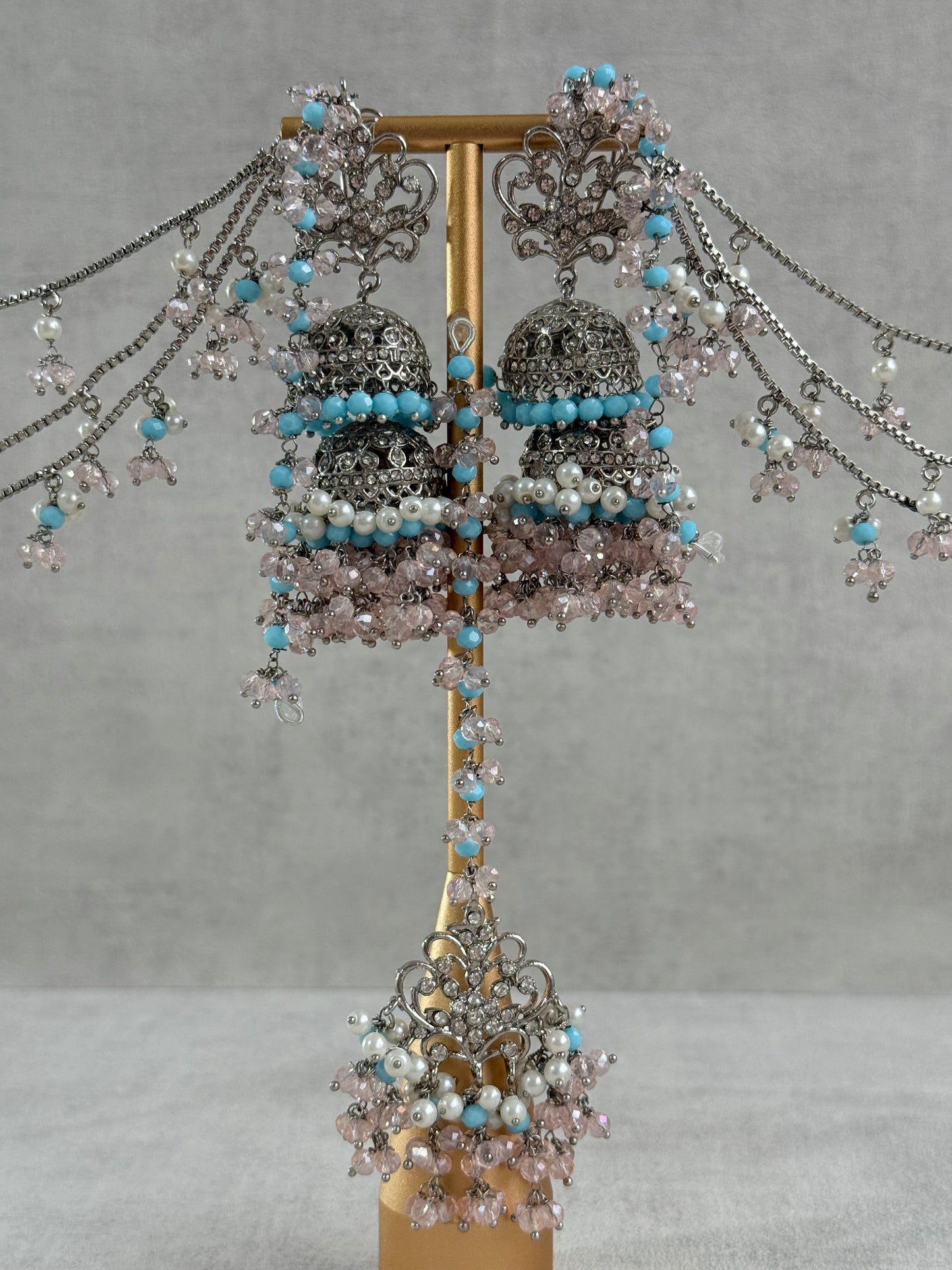 Ayura Designs Arasi Set with Choker, Passa, Tikka & Sahare Jhumkis – Antique Silver with Blush Pink Crystals, Aqua Blue Beads & Ivory Pearls