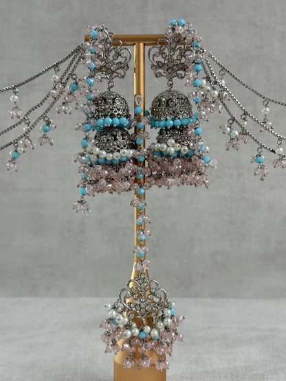 Ayura Designs Arasi Set with Choker, Passa, Tikka & Sahare Jhumkis – Antique Silver with Blush Pink Crystals, Aqua Blue Beads & Ivory Pearls