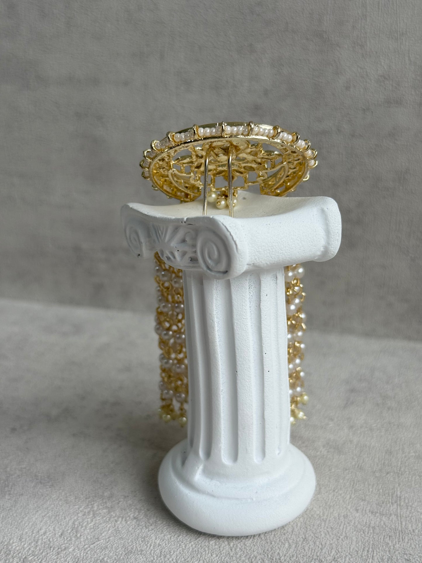 Ayura Designs Kamya Hair Brooch – Polki Crescent with Pearl Tassels in Gold Finish