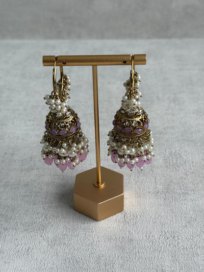 Ayura Designs Jugni Jhumkis – Antique Gold Balis with Lavender Beads & Pearl Clusters