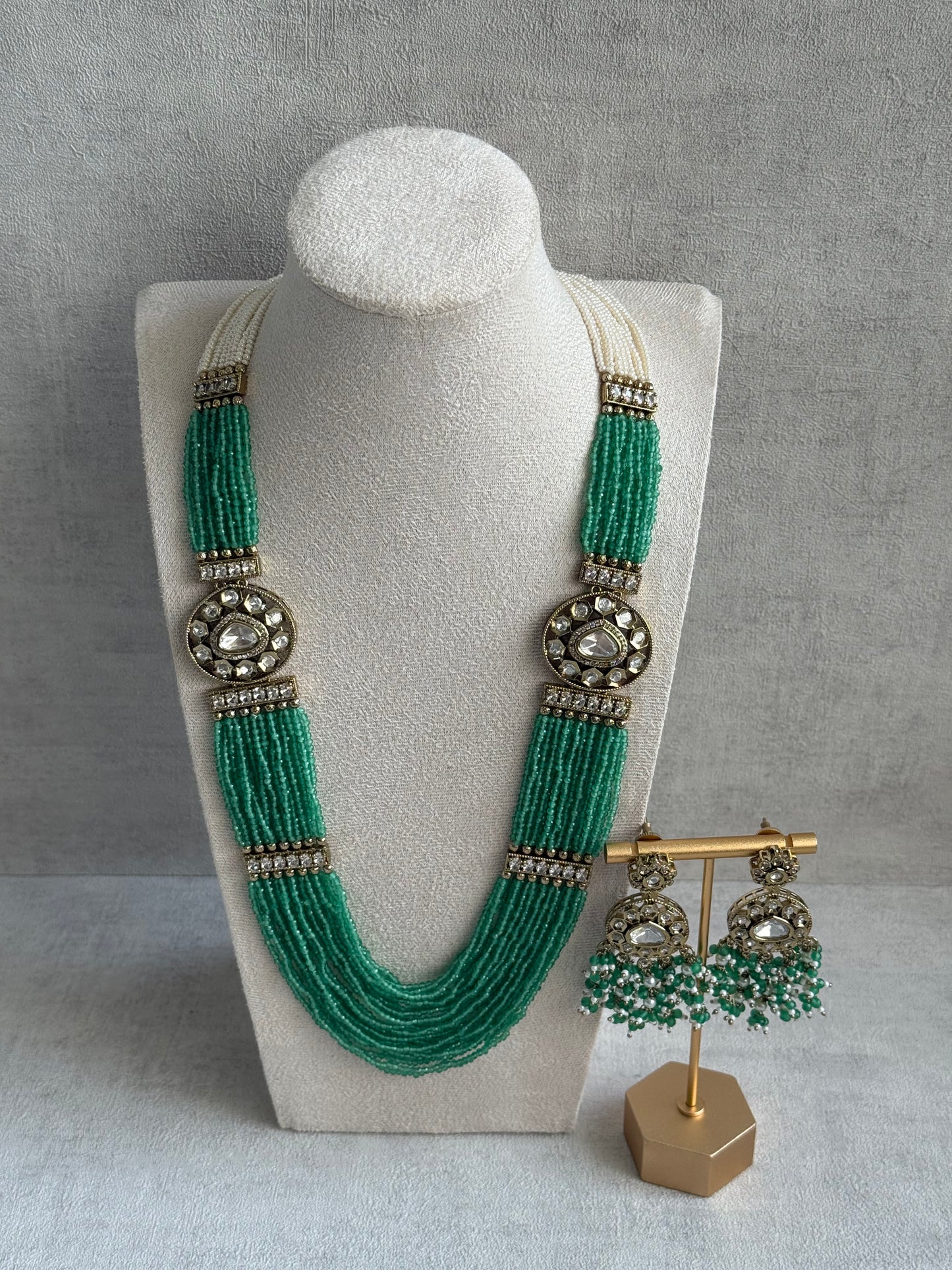 Ayura Designs Sienna Set – Long Layered Necklace & Earrings with Sea Green Beads, Mirror-Cut Kundan & Pearl Detailing