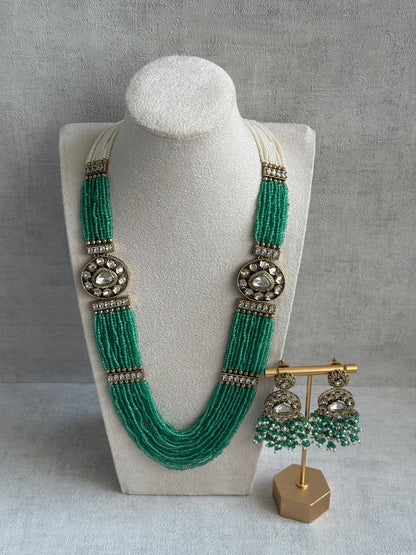 Ayura Designs Sienna Set – Long Layered Necklace & Earrings with Sea Green Beads, Mirror-Cut Kundan & Pearl Detailing
