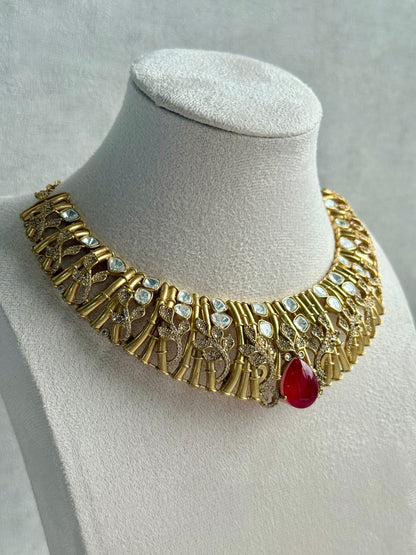 Ayura Designs Rami Collar Set with Jhumkis – Sculpted Gold Collar with Ruby Red Stone and Crystal Detailing