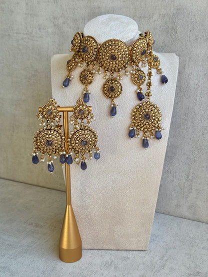 Ayura Designs Noor Set – Gold Choker, Earrings & Tikka with Grey Stone Accents