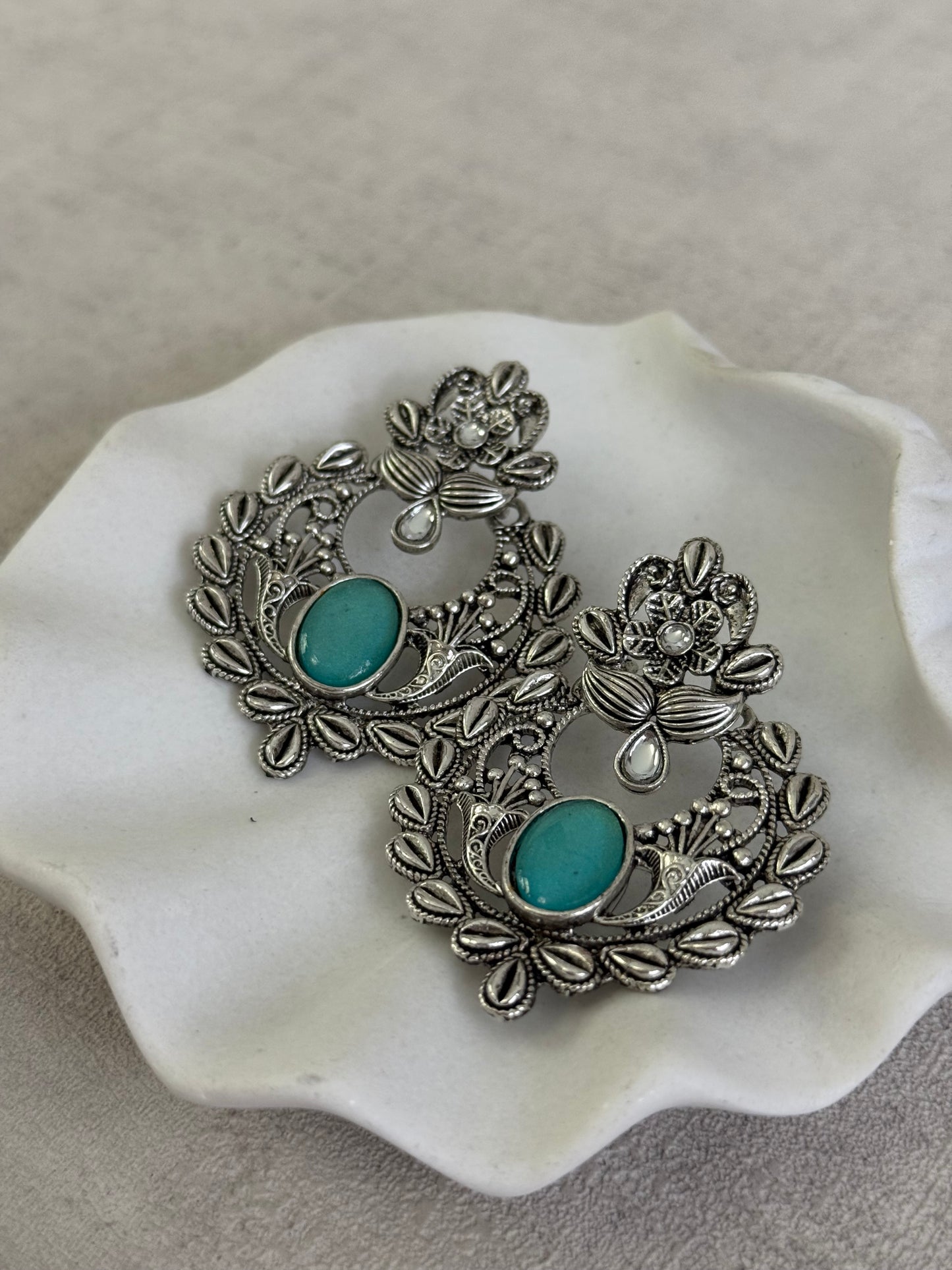 Ayura Designs Eila Earrings with Aqua Blue Stone in Antique Silver Finish