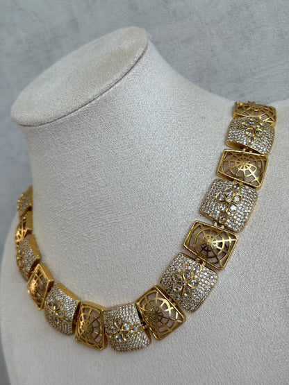 Ayura Designs Vibha Necklace & Stud Earrings Set – Gold Floral Statement Design with Crystal Detailing