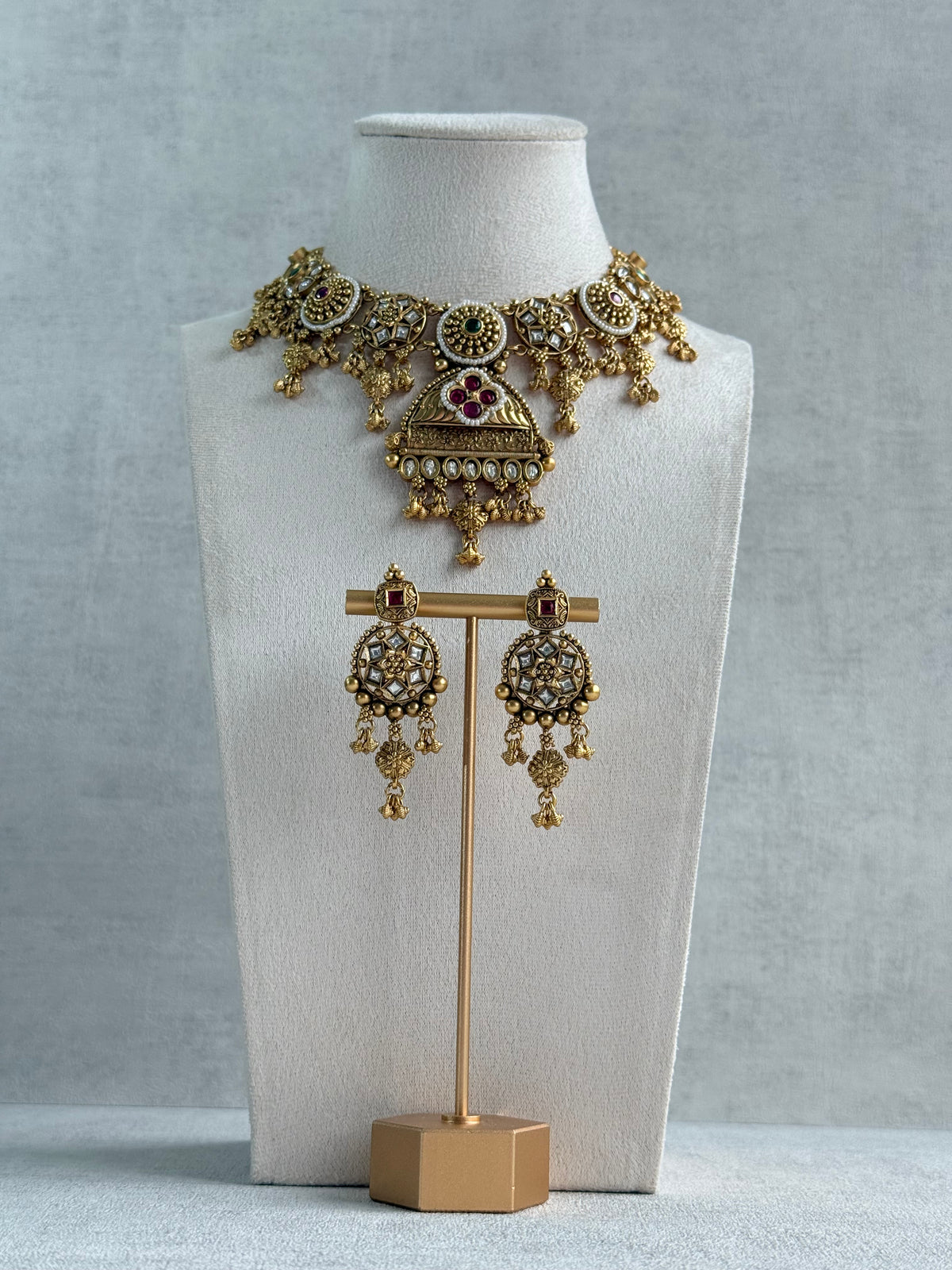 Ayura Designs Kriti Necklace Set with Earrings – Antique Gold Multicolour Kundan Design with Pearls & Ghungroo Detailing