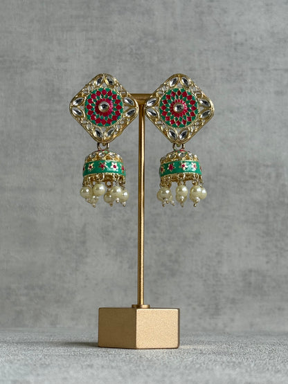 Ayura Designs Rangoli Jhumkis – Mint Green & Hot Pink Meenakari with Pearl Drops in Antique Gold Finish