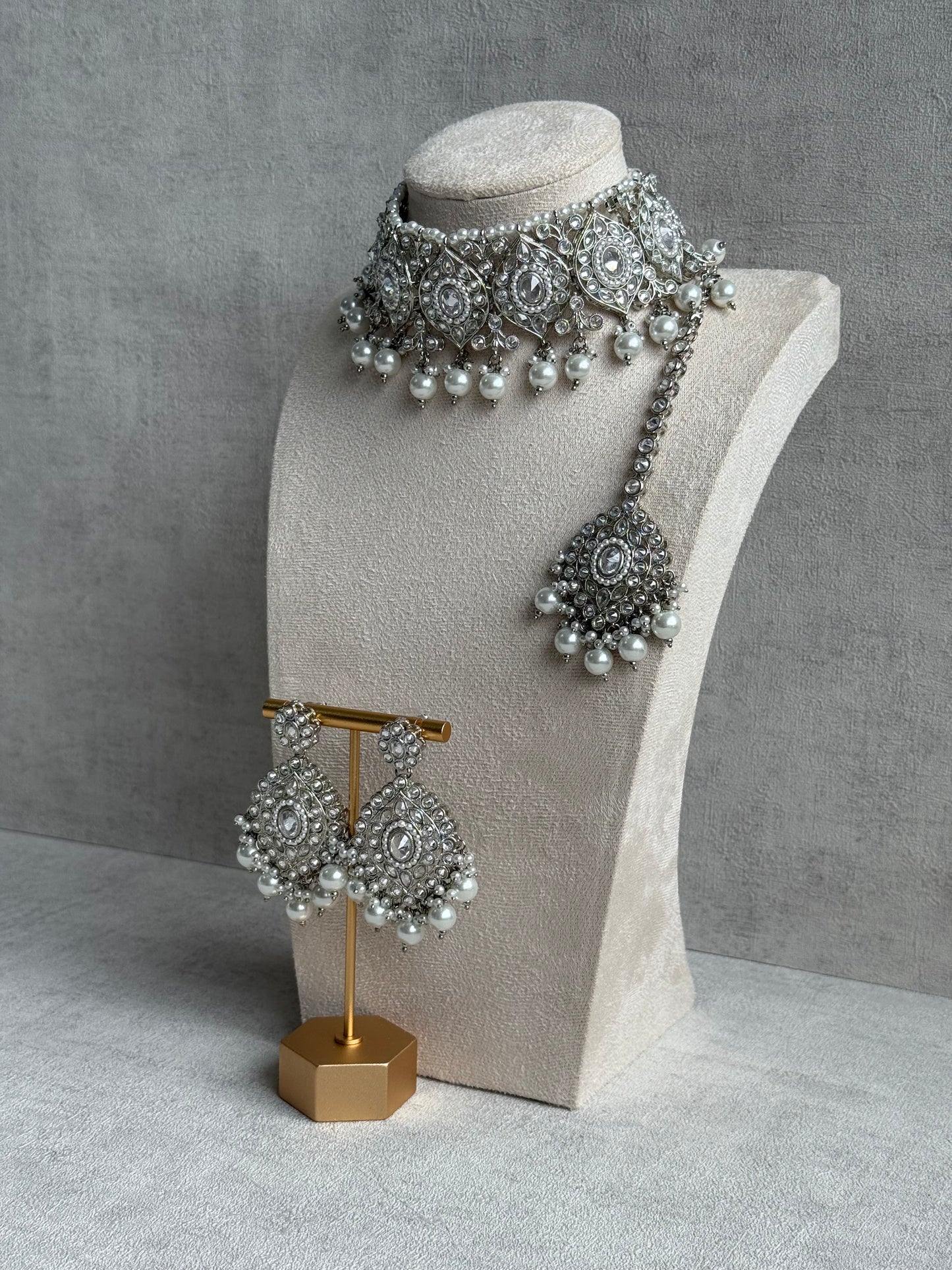 Ayura Designs Palki Set – Choker, Earrings & Tikka with Mirror-Cut Stones, Pearl Detailing & Silver Finish