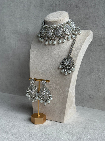 Ayura Designs Palki Set – Choker, Earrings & Tikka with Mirror-Cut Stones, Pearl Detailing & Silver Finish