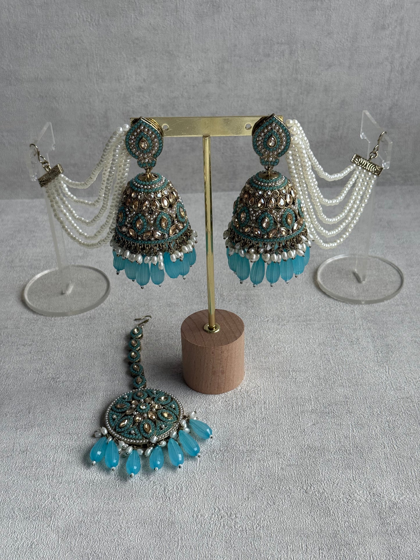 Ayura Designs Amrita Set – Jhumkis with Sahare & Tikka in Aqua Blue, Pearls and Antique Gold Finish