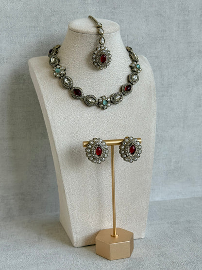 Ayura Designs Ivy Necklace Set with Studs & Tikka – Ruby Red & Mint Green Kundan Detailing