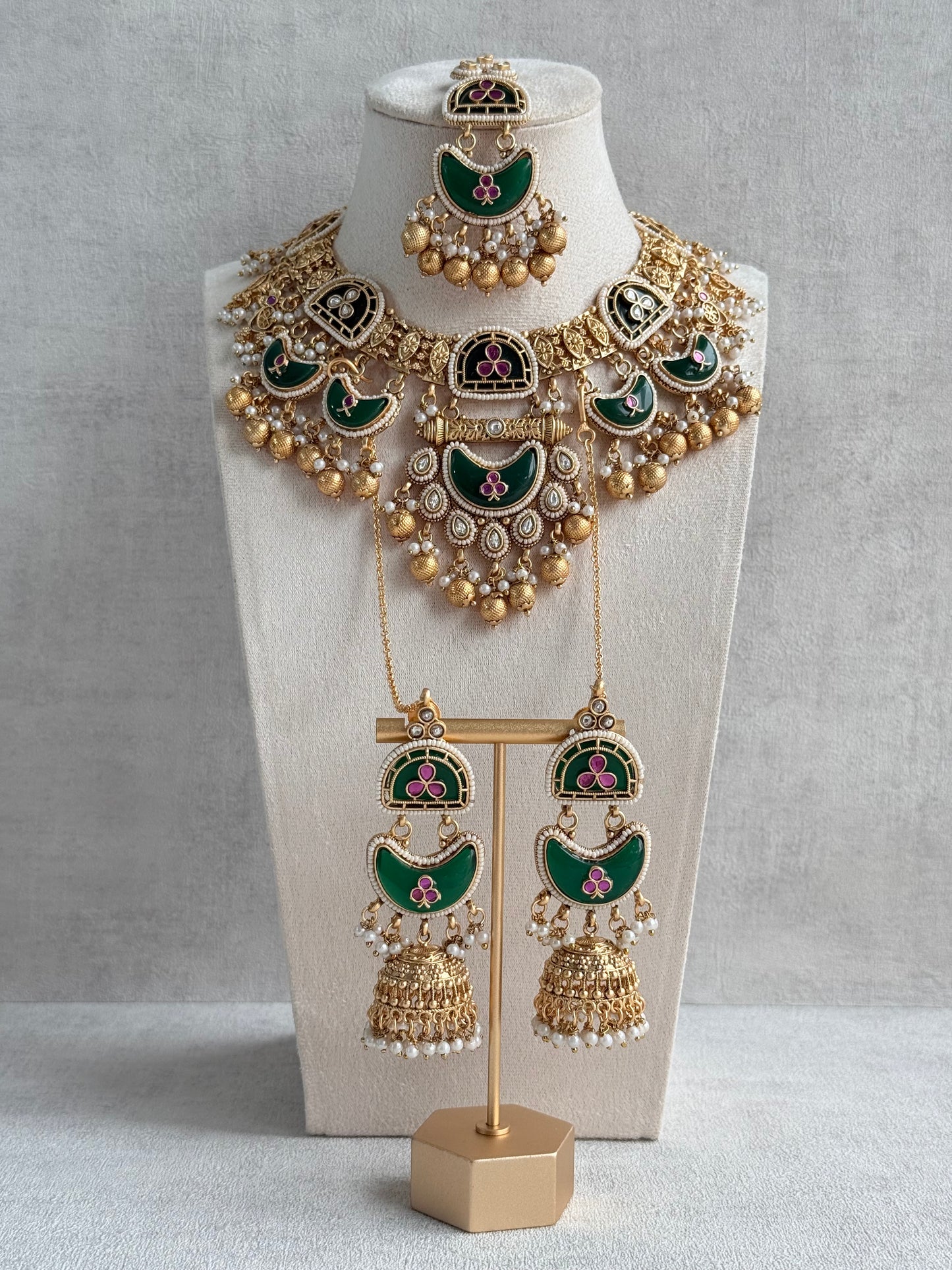 Ayura Designs Tafiza Necklace Set with Sahare Jhumki Earrings & Tikka – Emerald Green, Rani Pink, Kundan, Pearls & Antique Gold Finish