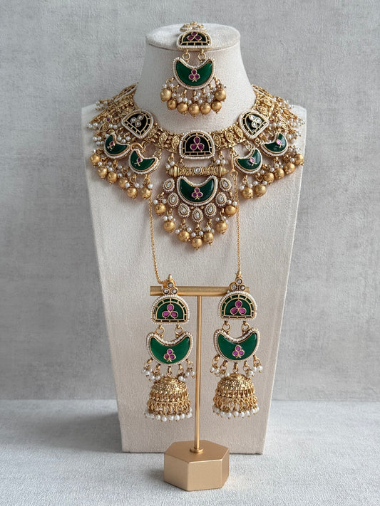 Ayura Designs Tafiza Necklace Set with Sahare Jhumki Earrings & Tikka – Emerald Green, Rani Pink, Kundan, Pearls & Antique Gold Finish