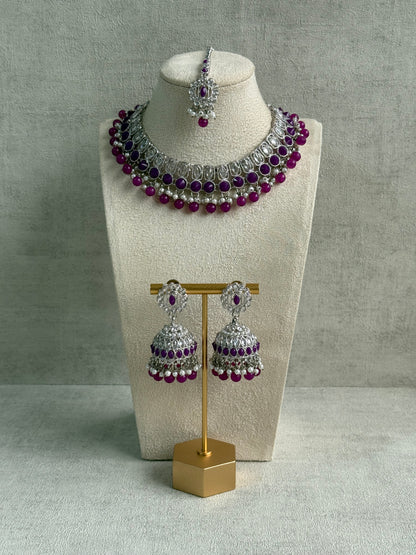 Ayura Designs Rayal Set – Silver Necklace, Jhumkis & Tikka with Amethyst Purple Stones & Pearl Detailing