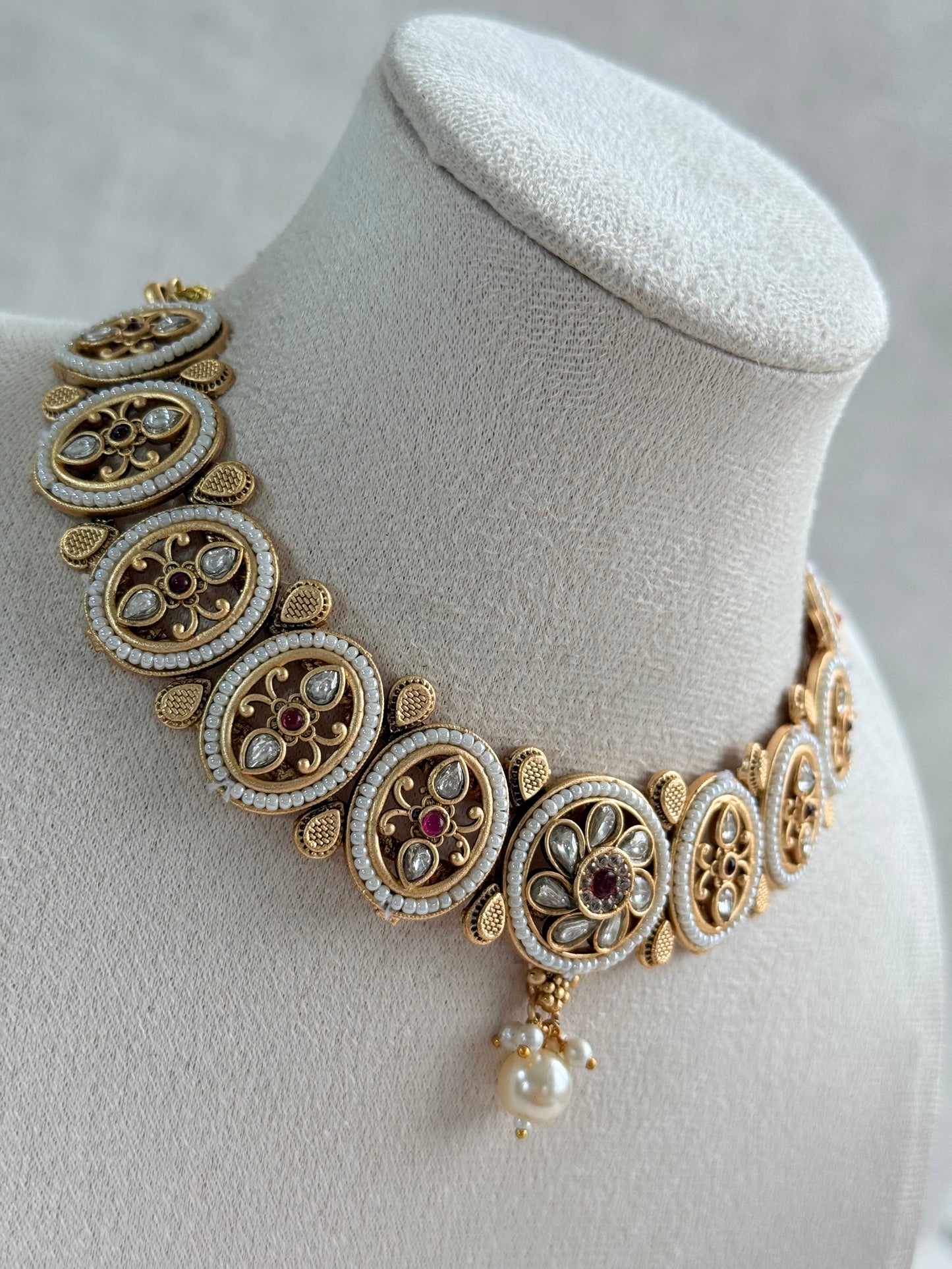Ayura Designs Laina Necklace Set with Jhumkis – Kundan & Rani Pink Stones, Pearls & Antique Gold Finish