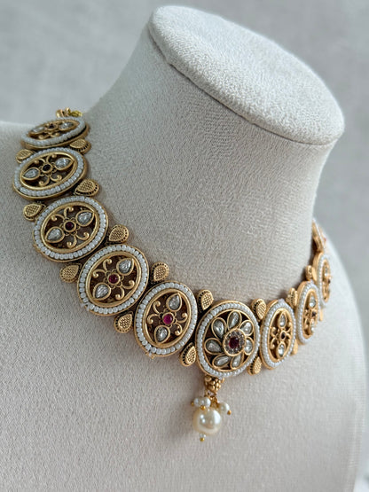 Ayura Designs Laina Necklace Set with Jhumkis – Kundan & Rani Pink Stones, Pearls & Antique Gold Finish