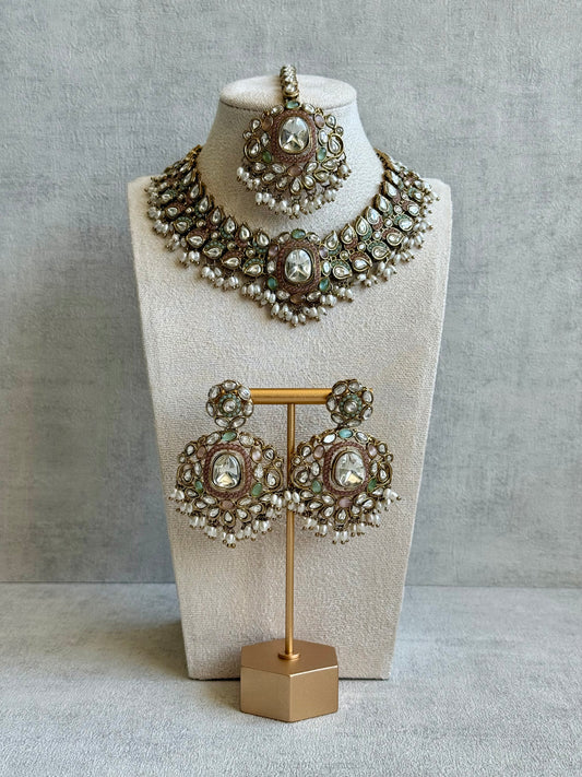 Ayura Designs Durriya Set with Earrings & Tikka – Antique Gold Finish, Mirror-Cut Stones & Pastel Pink, Mint & Ivory Enamel