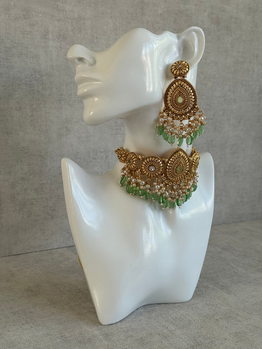Ayura Designs Nusrat Choker Set with Tikka & Earrings – Antique Gold Finish with Pistachio Green Stones, Pearl Clusters & Beaded Drops