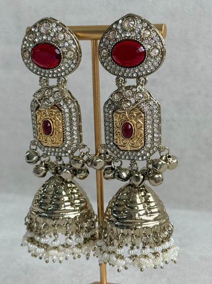 Ayura Designs Maara Jhumkis – Champagne Gold with Ruby Red Stones, Crystals, Ghungroos & Pearl Detailing