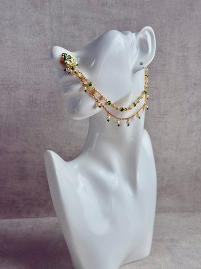 Ayura Designs Fakira Nose Ring – Kundan-Style Detailing with Emerald & Pearl Chain