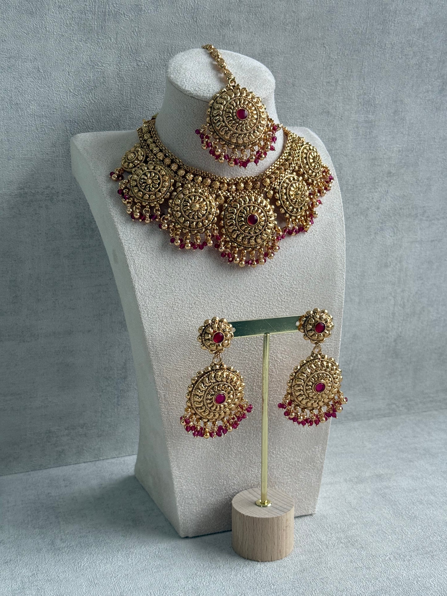 Ayura Designs Rummy Set – Statement Necklace, Earrings & Tikka with Rani Pink Beads and Polished Gold Finish