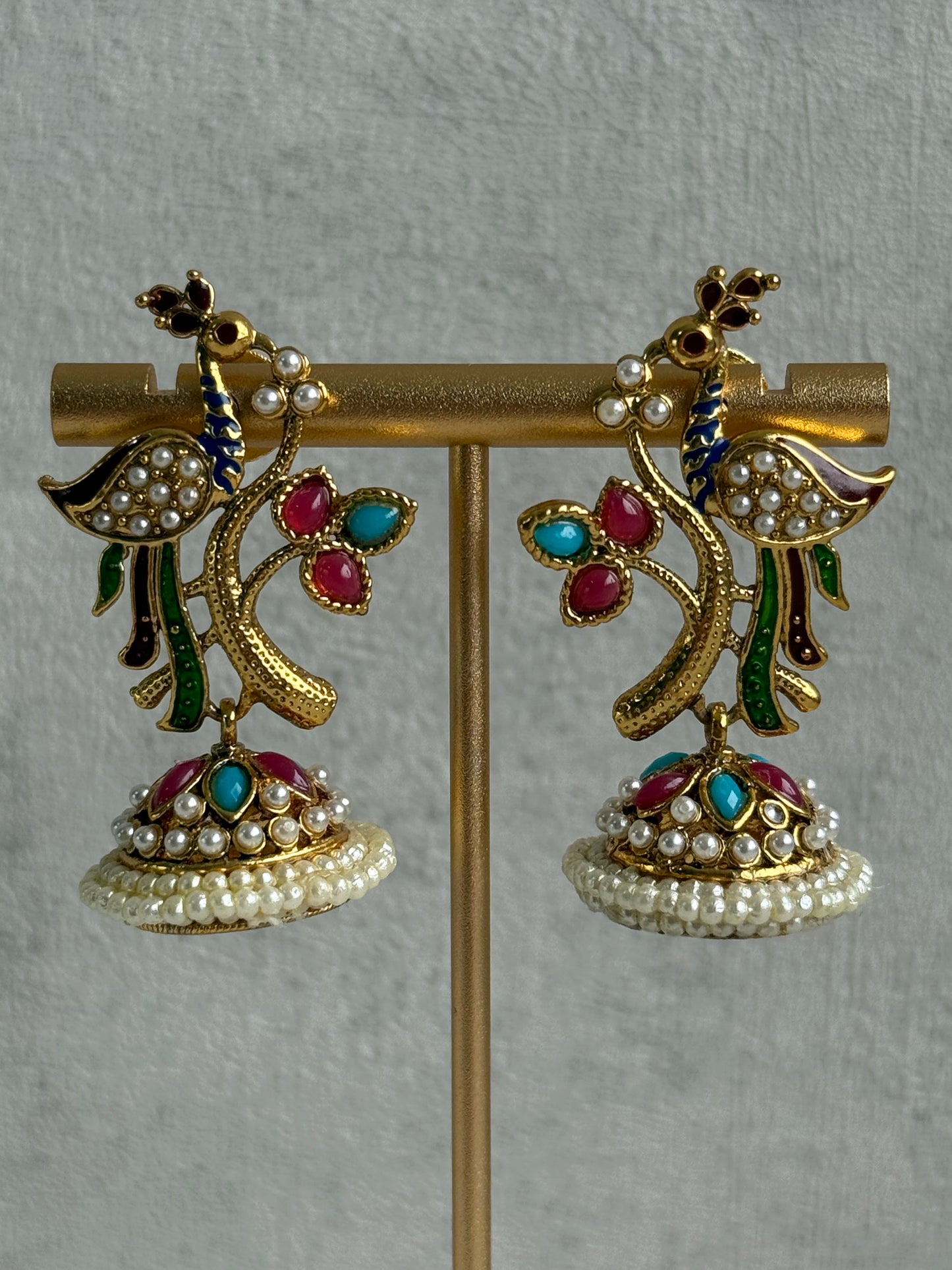 Ayura Designs Mayuri Jhumkis – Gold Peacock Earrings with Multicolour Meenakari & Pearl Detailing