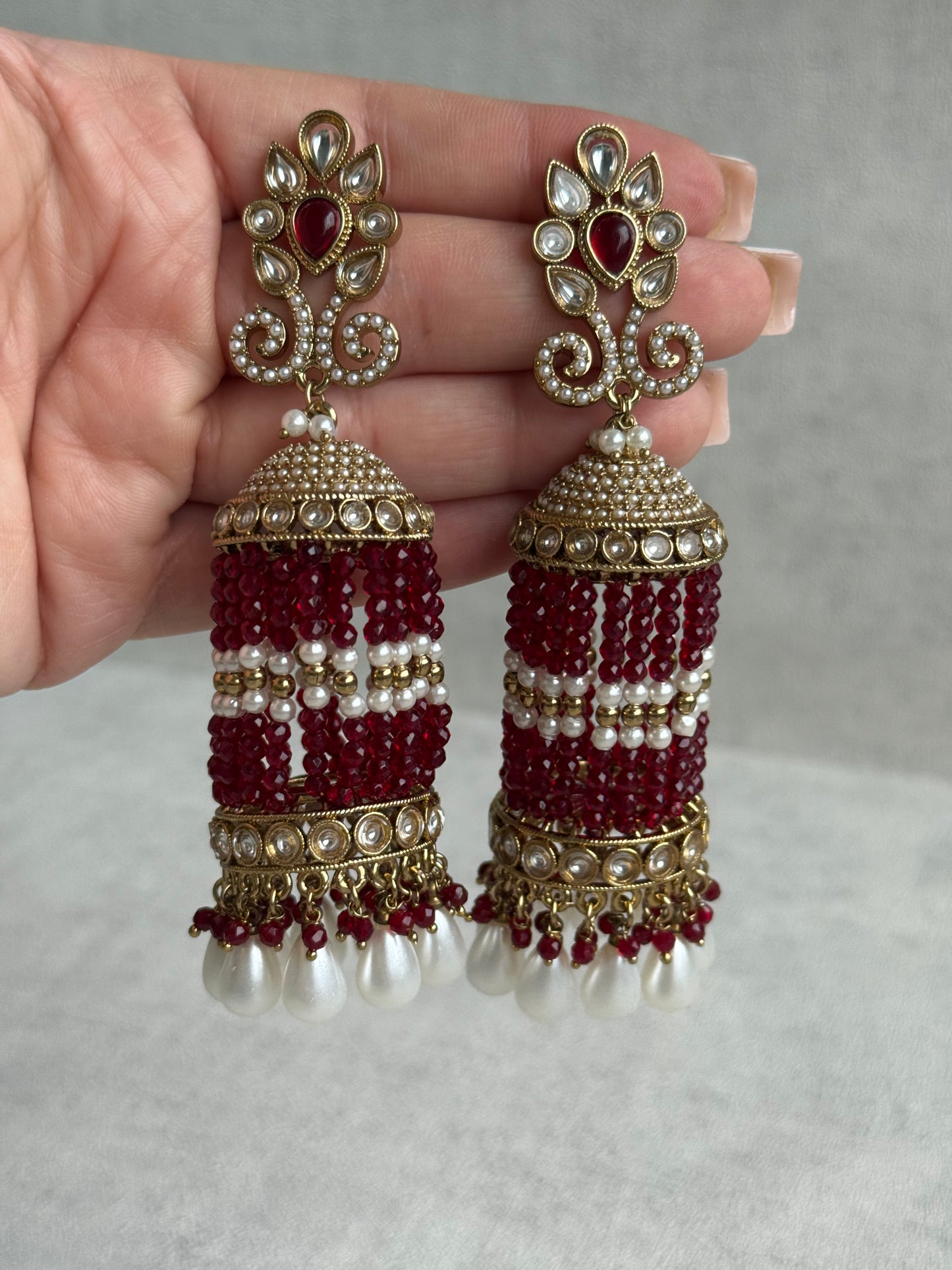 Ayura Designs Sage Earrings – Statement Jhumkis with Mirror-Cut Stones, Pearl Drops & Ruby Red Beads