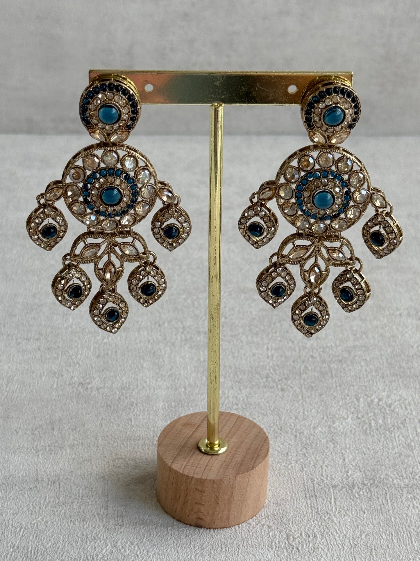 Ayura Designs Vanika Earrings – Sapphire Blue & Champagne Crystal Gold Finish