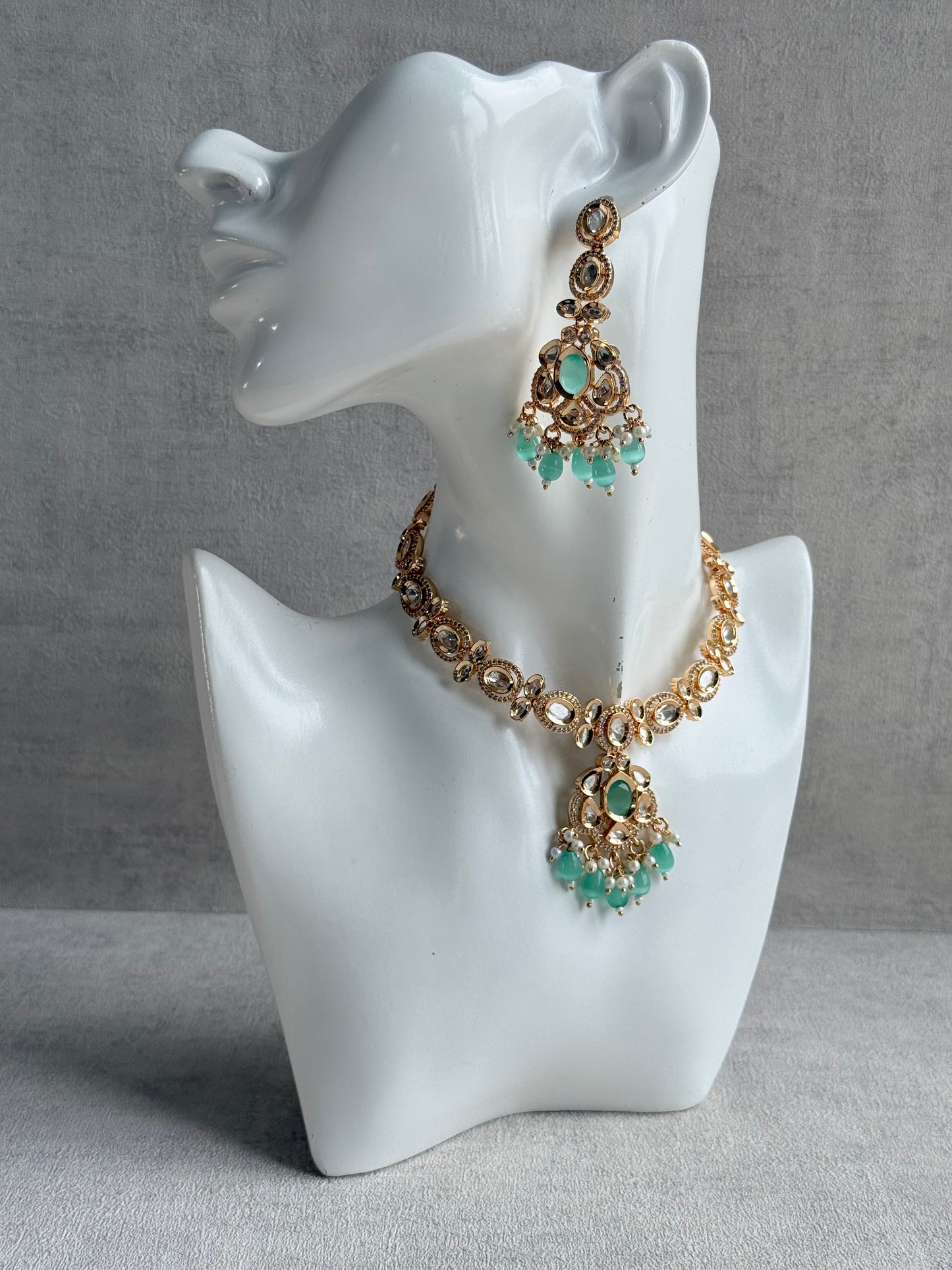 Ayura Designs Edina Necklace Set with Earrings – Kundan, Mint Green Stones & Pearl Detailing