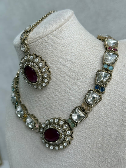 Ayura Designs Inza Necklace Set – Rani Pink, Multicolour Stones, Kundan & Crystals with Antique Gold Finish
