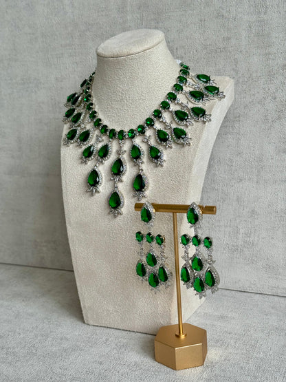 Ayura Designs Zarmina Necklace Set with Earrings – Emerald Green Teardrop Stones, Diamond-Cut Crystals & Rhodium Finish